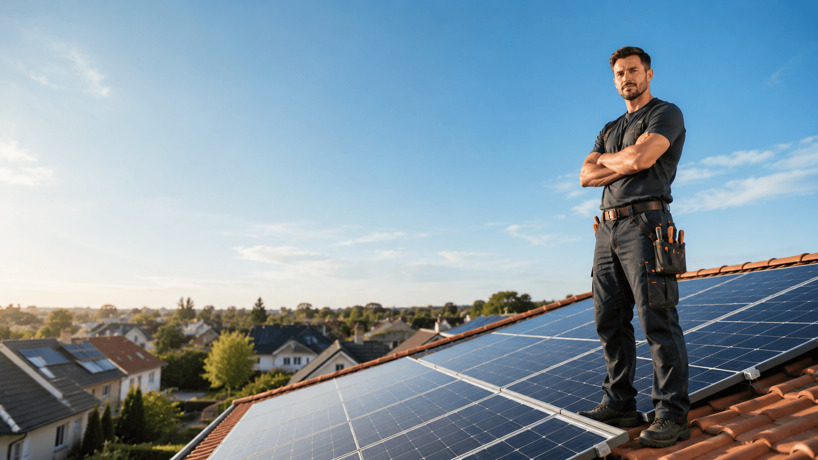 Installateur mit verschränkten Armen auf einem Dach mit montierten Solarmodulen